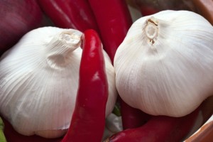 Two large bulbs of garlic and red peppers